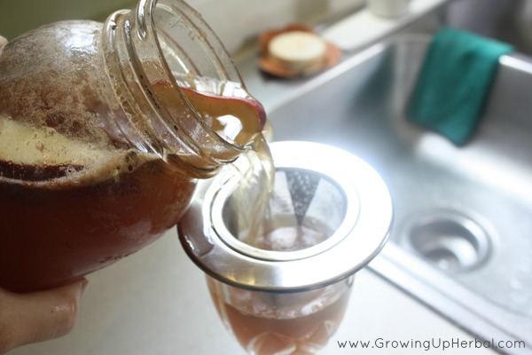 Straining flavored kombucha.