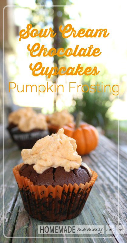 Sour Cream Chocolate Cupcakes with Pumpkin Frosting | www.homemademommy.net